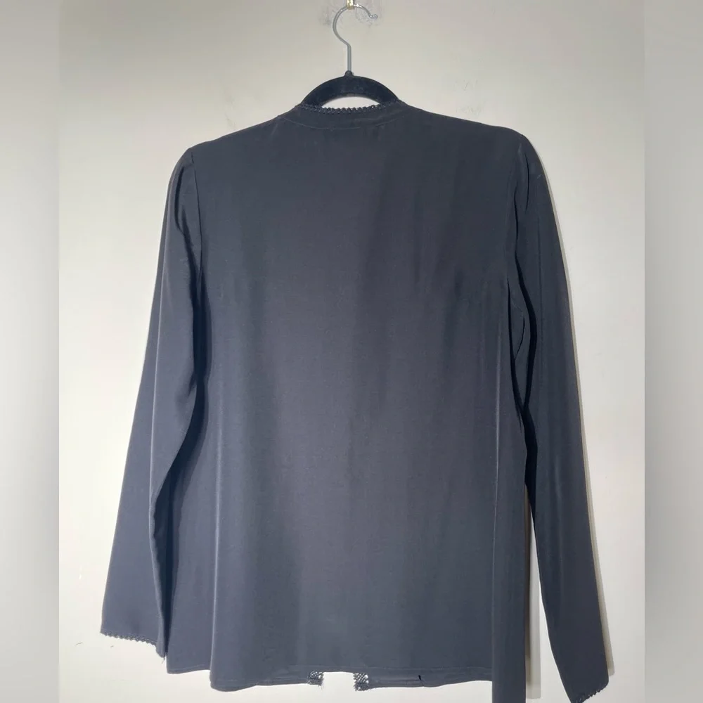 Tory Burch Blouse Black Button Down 100% Silk Sheer Sz 4 Long Sleeve Top Crochet